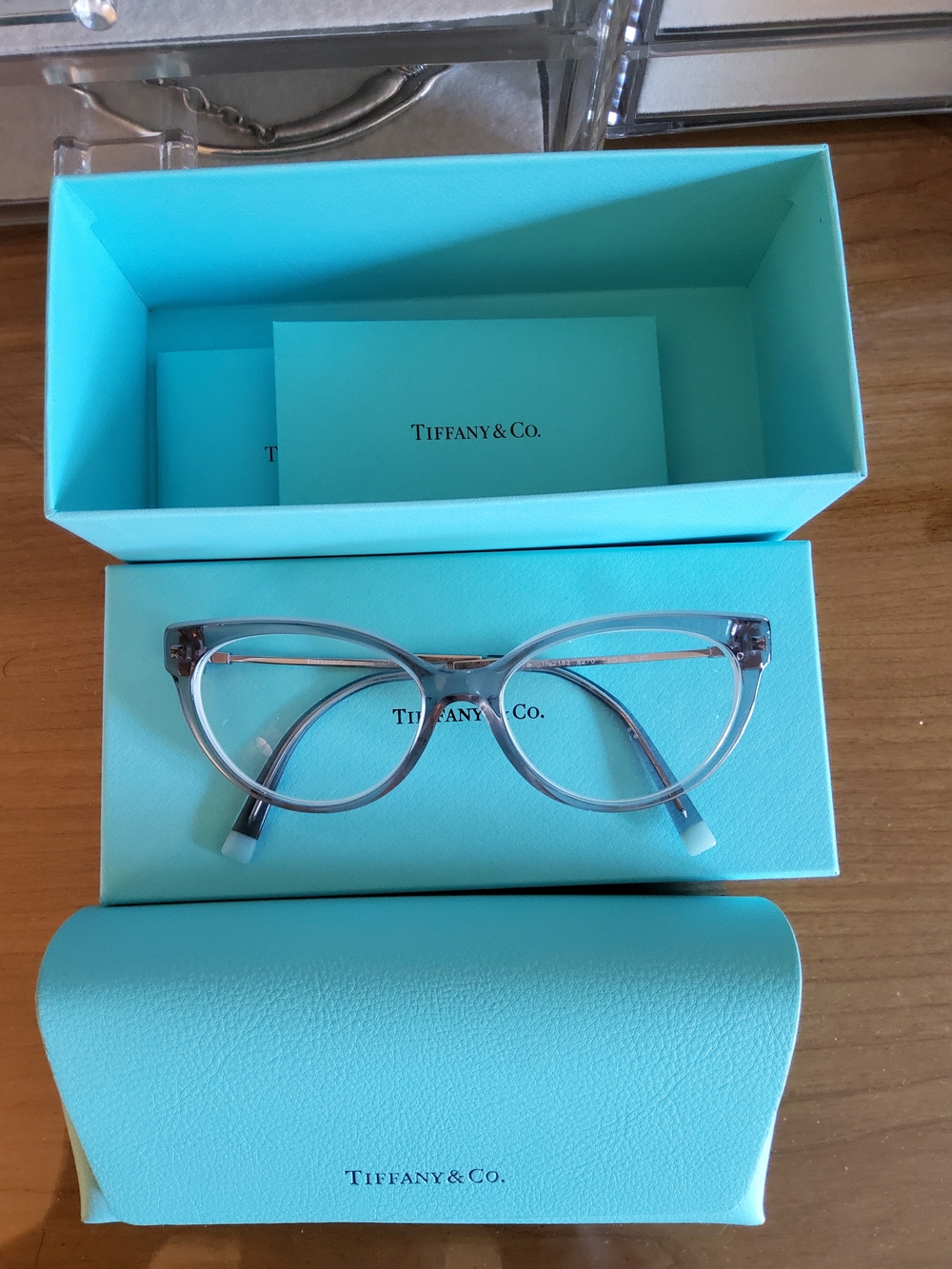 Tiffany & Co. Clear Gray Cat-Eye Glasses with Tiffany Blue Case